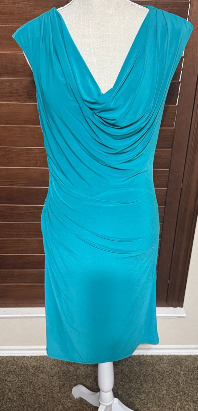 Ronni Nicole Dress teal green sz 8 cowl drape neck ruched knee length‎ stretchy